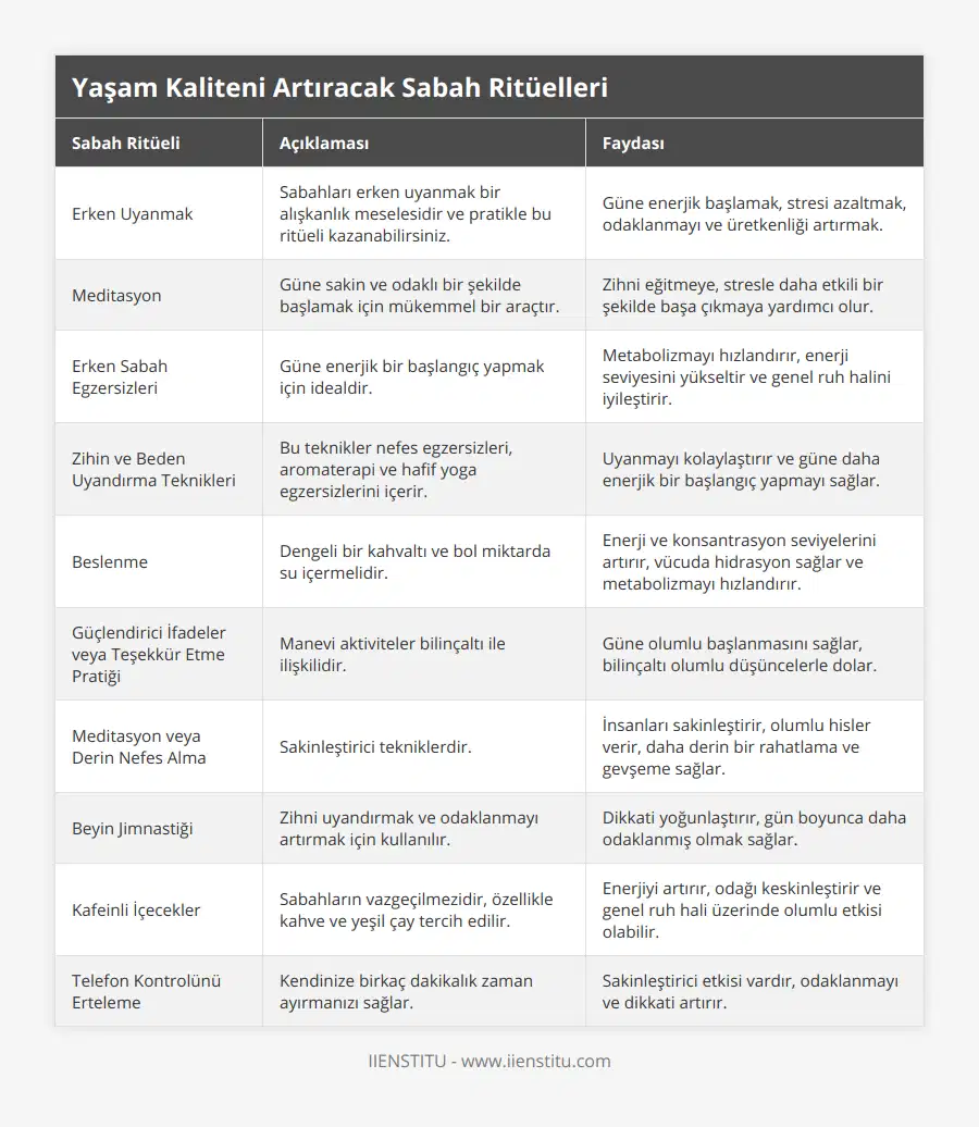 Erken Uyanmak, Sabahları erken uyanmak bir alışkanlık meselesidir ve pratikle bu ritüeli kazanabilirsiniz, Güne enerjik başlamak, stresi azaltmak, odaklanmayı ve üretkenliği artırmak, Meditasyon, Güne sakin ve odaklı bir şekilde başlamak için mükemmel bir araçtır, Zihni eğitmeye, stresle daha etkili bir şekilde başa çıkmaya yardımcı olur, Erken Sabah Egzersizleri, Güne enerjik bir başlangıç yapmak için idealdir, Metabolizmayı hızlandırır, enerji seviyesini yükseltir ve genel ruh halini iyileştirir, Zihin ve Beden Uyandırma Teknikleri, Bu teknikler nefes egzersizleri, aromaterapi ve hafif yoga egzersizlerini içerir, Uyanmayı kolaylaştırır ve güne daha enerjik bir başlangıç yapmayı sağlar, Beslenme, Dengeli bir kahvaltı ve bol miktarda su içermelidir, Enerji ve konsantrasyon seviyelerini artırır, vücuda hidrasyon sağlar ve metabolizmayı hızlandırır, Güçlendirici İfadeler veya Teşekkür Etme Pratiği, Manevi aktiviteler bilinçaltı ile ilişkilidir, Güne olumlu başlanmasını sağlar, bilinçaltı olumlu düşüncelerle dolar, Meditasyon veya Derin Nefes Alma, Sakinleştirici tekniklerdir, İnsanları sakinleştirir, olumlu hisler verir, daha derin bir rahatlama ve gevşeme sağlar, Beyin Jimnastiği, Zihni uyandırmak ve odaklanmayı artırmak için kullanılır, Dikkati yoğunlaştırır, gün boyunca daha odaklanmış olmak sağlar, Kafeinli İçecekler, Sabahların vazgeçilmezidir, özellikle kahve ve yeşil çay tercih edilir, Enerjiyi artırır, odağı keskinleştirir ve genel ruh hali üzerinde olumlu etkisi olabilir, Telefon Kontrolünü Erteleme, Kendinize birkaç dakikalık zaman ayırmanızı sağlar, Sakinleştirici etkisi vardır, odaklanmayı ve dikkati artırır