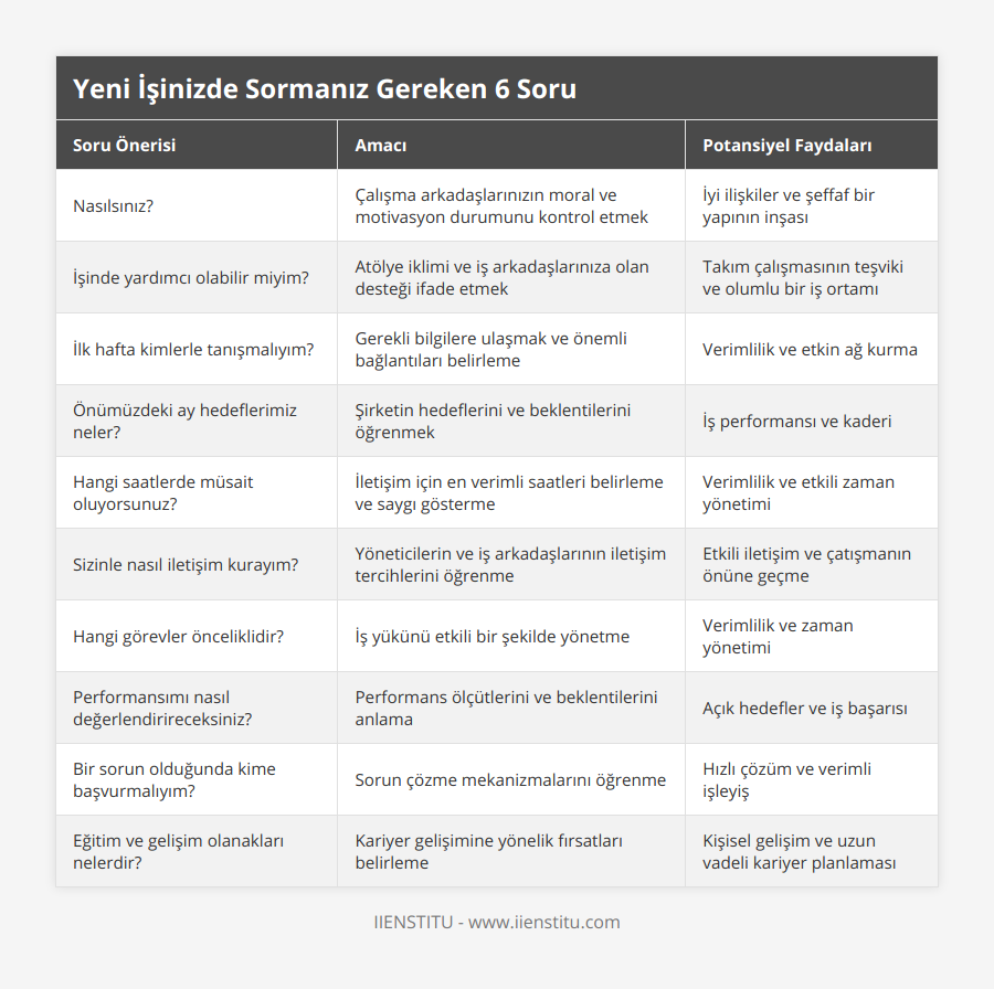 Nasılsınız?, Çalışma arkadaşlarınızın moral ve motivasyon durumunu kontrol etmek, İyi ilişkiler ve şeffaf bir yapının inşası, İşinde yardımcı olabilir miyim?, Atölye iklimi ve iş arkadaşlarınıza olan desteği ifade etmek, Takım çalışmasının teşviki ve olumlu bir iş ortamı, İlk hafta kimlerle tanışmalıyım?, Gerekli bilgilere ulaşmak ve önemli bağlantıları belirleme, Verimlilik ve etkin ağ kurma, Önümüzdeki ay hedeflerimiz neler?, Şirketin hedeflerini ve beklentilerini öğrenmek, İş performansı ve kaderi, Hangi saatlerde müsait oluyorsunuz?, İletişim için en verimli saatleri belirleme ve saygı gösterme, Verimlilik ve etkili zaman yönetimi, Sizinle nasıl iletişim kurayım?, Yöneticilerin ve iş arkadaşlarının iletişim tercihlerini öğrenme, Etkili iletişim ve çatışmanın önüne geçme, Hangi görevler önceliklidir?, İş yükünü etkili bir şekilde yönetme, Verimlilik ve zaman yönetimi, Performansımı nasıl değerlendirireceksiniz?, Performans ölçütlerini ve beklentilerini anlama, Açık hedefler ve iş başarısı, Bir sorun olduğunda kime başvurmalıyım?, Sorun çözme mekanizmalarını öğrenme, Hızlı çözüm ve verimli işleyiş, Eğitim ve gelişim olanakları nelerdir?, Kariyer gelişimine yönelik fırsatları belirleme, Kişisel gelişim ve uzun vadeli kariyer planlaması