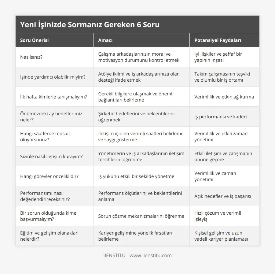 Nasılsınız?, Çalışma arkadaşlarınızın moral ve motivasyon durumunu kontrol etmek, İyi ilişkiler ve şeffaf bir yapının inşası, İşinde yardımcı olabilir miyim?, Atölye iklimi ve iş arkadaşlarınıza olan desteği ifade etmek, Takım çalışmasının teşviki ve olumlu bir iş ortamı, İlk hafta kimlerle tanışmalıyım?, Gerekli bilgilere ulaşmak ve önemli bağlantıları belirleme, Verimlilik ve etkin ağ kurma, Önümüzdeki ay hedeflerimiz neler?, Şirketin hedeflerini ve beklentilerini öğrenmek, İş performansı ve kaderi, Hangi saatlerde müsait oluyorsunuz?, İletişim için en verimli saatleri belirleme ve saygı gösterme, Verimlilik ve etkili zaman yönetimi, Sizinle nasıl iletişim kurayım?, Yöneticilerin ve iş arkadaşlarının iletişim tercihlerini öğrenme, Etkili iletişim ve çatışmanın önüne geçme, Hangi görevler önceliklidir?, İş yükünü etkili bir şekilde yönetme, Verimlilik ve zaman yönetimi, Performansımı nasıl değerlendirireceksiniz?, Performans ölçütlerini ve beklentilerini anlama, Açık hedefler ve iş başarısı, Bir sorun olduğunda kime başvurmalıyım?, Sorun çözme mekanizmalarını öğrenme, Hızlı çözüm ve verimli işleyiş, Eğitim ve gelişim olanakları nelerdir?, Kariyer gelişimine yönelik fırsatları belirleme, Kişisel gelişim ve uzun vadeli kariyer planlaması