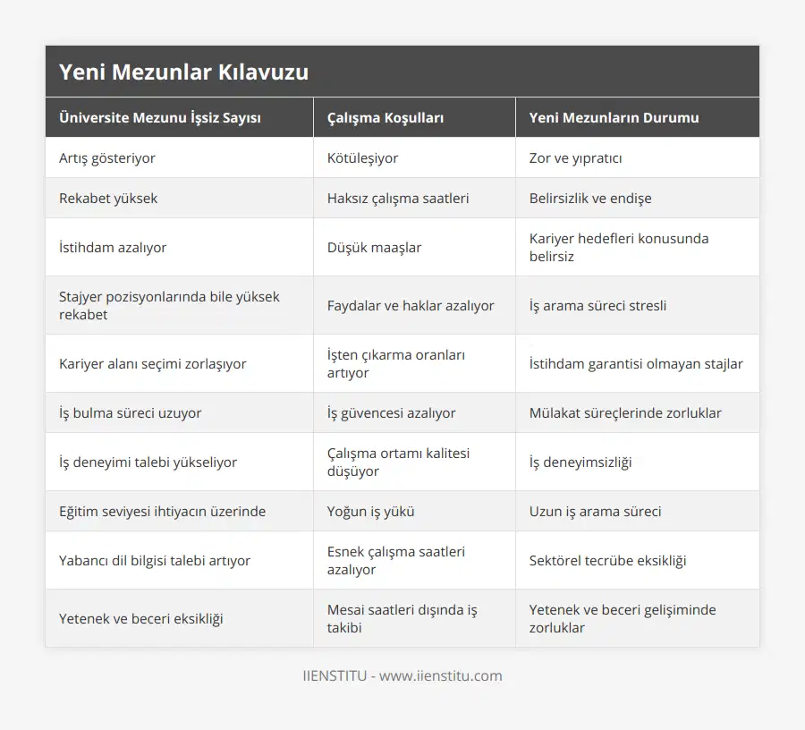 Artış gösteriyor, Kötüleşiyor, Zor ve yıpratıcı, Rekabet yüksek, Haksız çalışma saatleri, Belirsizlik ve endişe, İstihdam azalıyor, Düşük maaşlar, Kariyer hedefleri konusunda belirsiz, Stajyer pozisyonlarında bile yüksek rekabet, Faydalar ve haklar azalıyor, İş arama süreci stresli, Kariyer alanı seçimi zorlaşıyor, İşten çıkarma oranları artıyor, İstihdam garantisi olmayan stajlar, İş bulma süreci uzuyor, İş güvencesi azalıyor, Mülakat süreçlerinde zorluklar, İş deneyimi talebi yükseliyor, Çalışma ortamı kalitesi düşüyor, İş deneyimsizliği, Eğitim seviyesi ihtiyacın üzerinde, Yoğun iş yükü, Uzun iş arama süreci, Yabancı dil bilgisi talebi artıyor, Esnek çalışma saatleri azalıyor, Sektörel tecrübe eksikliği, Yetenek ve beceri eksikliği, Mesai saatleri dışında iş takibi, Yetenek ve beceri gelişiminde zorluklar
