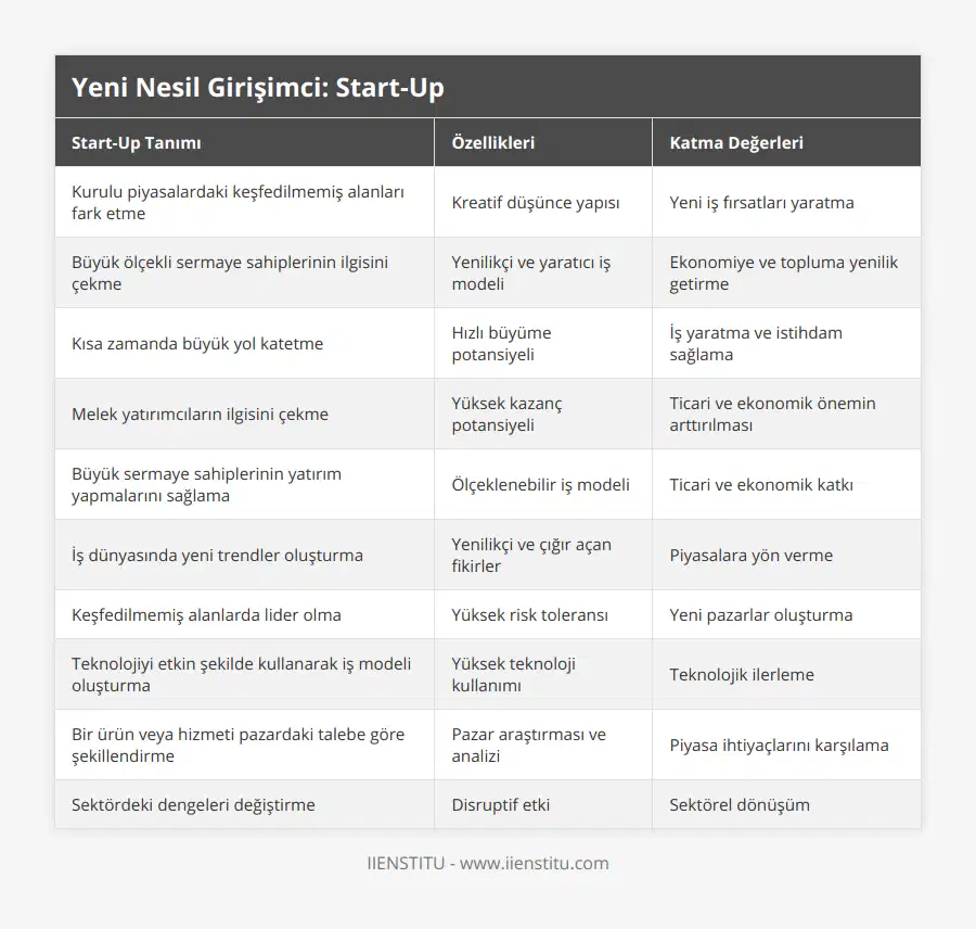 Kurulu piyasalardaki keşfedilmemiş alanları fark etme, Kreatif düşünce yapısı, Yeni iş fırsatları yaratma, Büyük ölçekli sermaye sahiplerinin ilgisini çekme, Yenilikçi ve yaratıcı iş modeli, Ekonomiye ve topluma yenilik getirme, Kısa zamanda büyük yol katetme, Hızlı büyüme potansiyeli, İş yaratma ve istihdam sağlama, Melek yatırımcıların ilgisini çekme, Yüksek kazanç potansiyeli, Ticari ve ekonomik önemin arttırılması, Büyük sermaye sahiplerinin yatırım yapmalarını sağlama, Ölçeklenebilir iş modeli, Ticari ve ekonomik katkı, İş dünyasında yeni trendler oluşturma, Yenilikçi ve çığır açan fikirler, Piyasalara yön verme, Keşfedilmemiş alanlarda lider olma, Yüksek risk toleransı, Yeni pazarlar oluşturma, Teknolojiyi etkin şekilde kullanarak iş modeli oluşturma, Yüksek teknoloji kullanımı, Teknolojik ilerleme, Bir ürün veya hizmeti pazardaki talebe göre şekillendirme, Pazar araştırması ve analizi, Piyasa ihtiyaçlarını karşılama, Sektördeki dengeleri değiştirme, Disruptif etki, Sektörel dönüşüm