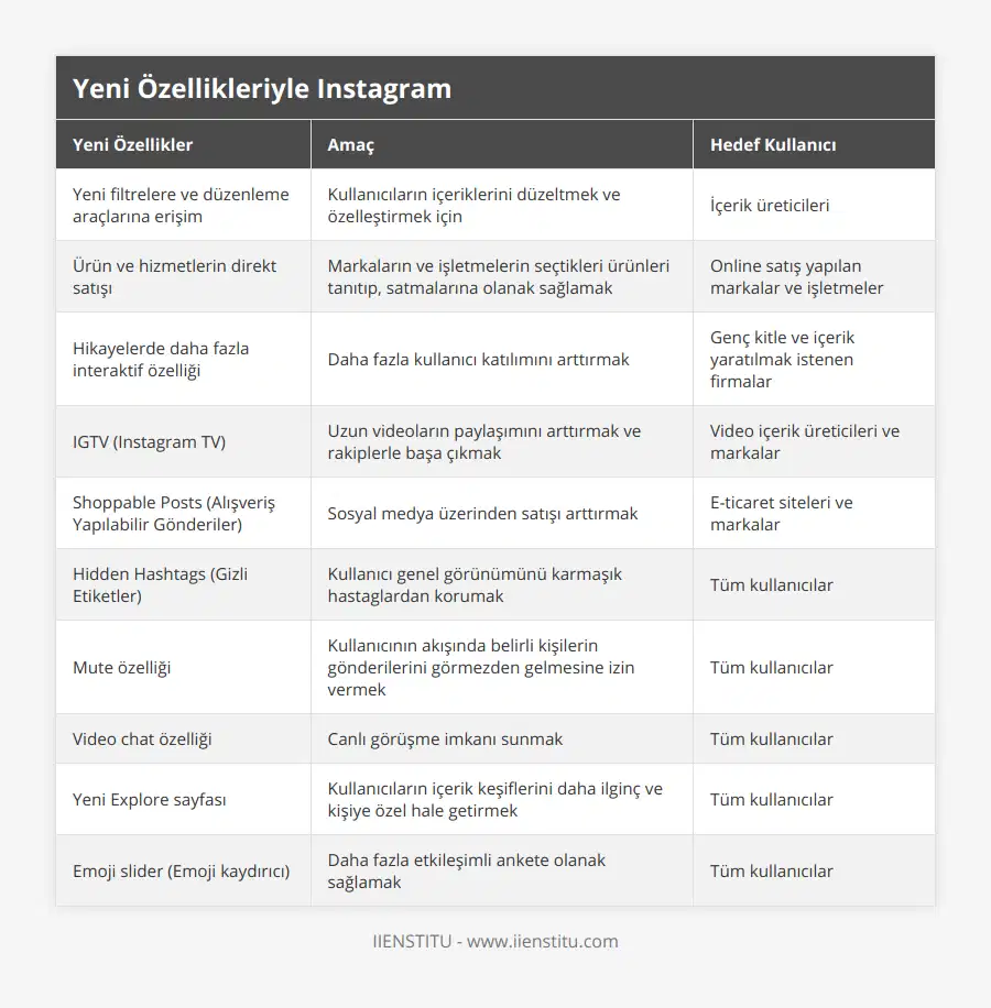 Yeni filtrelere ve düzenleme araçlarına erişim, Kullanıcıların içeriklerini düzeltmek ve özelleştirmek için, İçerik üreticileri, Ürün ve hizmetlerin direkt satışı, Markaların ve işletmelerin seçtikleri ürünleri tanıtıp, satmalarına olanak sağlamak, Online satış yapılan markalar ve işletmeler, Hikayelerde daha fazla interaktif özelliği, Daha fazla kullanıcı katılımını arttırmak, Genç kitle ve içerik yaratılmak istenen firmalar, IGTV (Instagram TV), Uzun videoların paylaşımını arttırmak ve rakiplerle başa çıkmak, Video içerik üreticileri ve markalar, Shoppable Posts (Alışveriş Yapılabilir Gönderiler), Sosyal medya üzerinden satışı arttırmak, E-ticaret siteleri ve markalar, Hidden Hashtags (Gizli Etiketler), Kullanıcı genel görünümünü karmaşık hastaglardan korumak, Tüm kullanıcılar, Mute özelliği, Kullanıcının akışında belirli kişilerin gönderilerini görmezden gelmesine izin vermek, Tüm kullanıcılar, Video chat özelliği, Canlı görüşme imkanı sunmak, Tüm kullanıcılar, Yeni Explore sayfası, Kullanıcıların içerik keşiflerini daha ilginç ve kişiye özel hale getirmek, Tüm kullanıcılar, Emoji slider (Emoji kaydırıcı), Daha fazla etkileşimli ankete olanak sağlamak, Tüm kullanıcılar