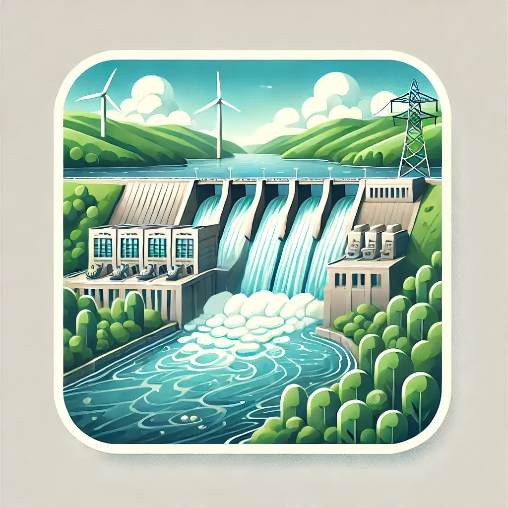 Modern bir hidroelektrik barajı, akan nehir ve yemyeşil bir manzara ile enerji üretiminin çevreyle uyumlu bir şekilde nasıl sağlanabileceğini gösteriyor. Görsel, yenilenebilir enerjinin çevre ve teknoloji dengesi içindeki rolünü vurguluyor.