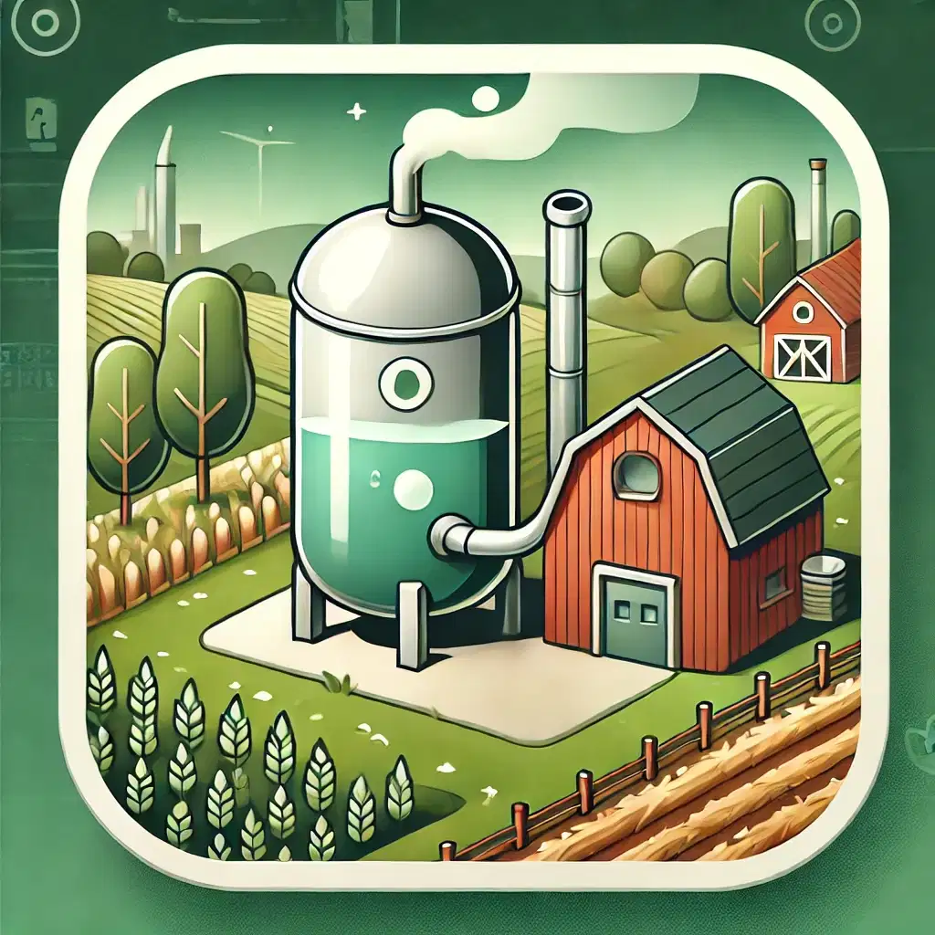 Kırsal bir alandaki biyogaz tesisi, tarım ve hayvan atıklarının sürdürülebilir enerjiye dönüşümünü simgeliyor. Görsel, çevre dostu ve yenilikçi enerji çözümlerine vurgu yapıyor.