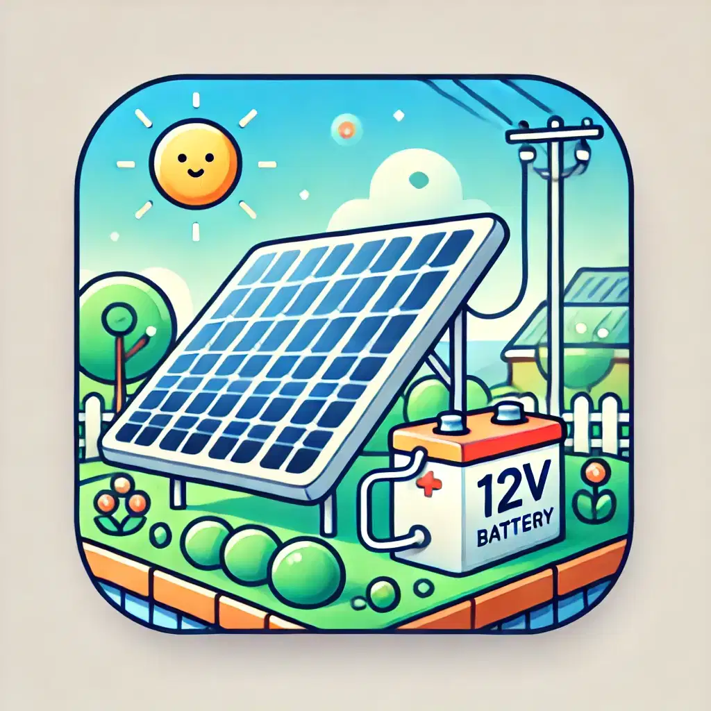 Küçük bir bahçede kurulan basit bir güneş paneli sistemi, 12V aküye bağlanarak deneysel bir yenilenebilir enerji projesini temsil ediyor. Görsel, sürdürülebilirliğe yönelik bireysel adımları vurguluyor.