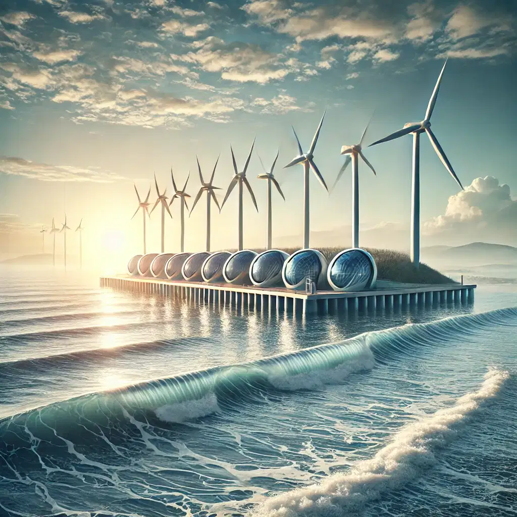 Sahil bölgesindeki modern bir gelgit enerji tesisi, okyanus dalgalarının enerjisini yenilenebilir bir kaynak olarak kullanmanın geleceğe yönelik bir çözümünü temsil ediyor. Görsel, doğa ve teknoloji uyumunu sergiliyor.