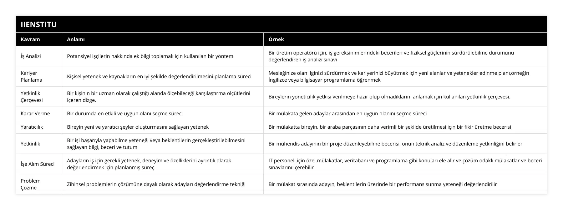İş Analizi, Potansiyel işçilerin hakkında ek bilgi toplamak için kullanılan bir yöntem, Bir üretim operatörü için, iş gereksinimlerindeki becerileri ve fiziksel güçlerinin sürdürülebilme durumunu değerlendiren iş analizi sınavı, Kariyer Planlama, Kişisel yetenek ve kaynakların en iyi şekilde değerlendirilmesini planlama süreci, Mesleğinize olan ilginizi sürdürmek ve kariyerinizi büyütmek için yeni alanlar ve yetenekler edinme planı,örneğin İngilizce veya bilgisayar programlama öğrenmek, Yetkinlik Çerçevesi, Bir kişinin bir uzman olarak çalıştığı alanda ölçebileceği karşılaştırma ölçütlerini içeren dizge, Bireylerin yöneticilik yetkisi verilmeye hazır olup olmadıklarını anlamak için kullanılan yetkinlik çerçevesi, Karar Verme, Bir durumda en etkili ve uygun olanı seçme süreci, Bir mülakata gelen adaylar arasından en uygun olanını seçme süreci, Yaratıcılık, Bireyin yeni ve yaratıcı şeyler oluşturmasını sağlayan yetenek, Bir mülakatta bireyin, bir araba parçasının daha verimli bir şekilde üretilmesi için bir fikir üretme becerisi, Yetkinlik, Bir işi başarıyla yapabilme yeteneği veya beklentilerin gerçekleştirilebilmesini sağlayan bilgi, beceri ve tutum, Bir mühendis adayının bir proje düzenleyebilme becerisi, onun teknik analiz ve düzenleme yetkinliğini belirler, İşe Alım Süreci, Adayların iş için gerekli yetenek, deneyim ve özelliklerini ayrıntılı olarak değerlendirmek için planlanmış süreç, IT personeli için özel mülakatlar, veritabanı ve programlama gibi konuları ele alır ve çözüm odaklı mülakatlar ve beceri sınavlarını içerebilir, Problem Çözme, Zihinsel problemlerin çözümüne dayalı olarak adayları değerlendirme tekniği, Bir mülakat sırasında adayın, beklentilerin üzerinde bir performans sunma yeteneği değerlendirilir