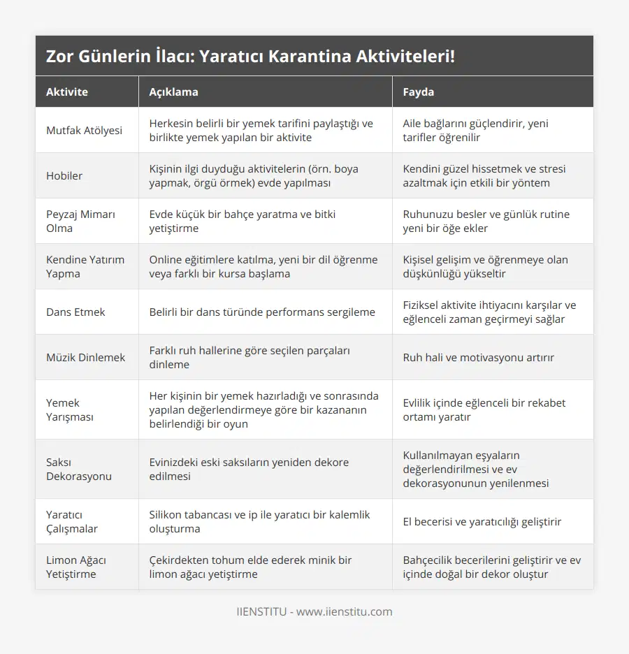 Mutfak Atölyesi, Herkesin belirli bir yemek tarifini paylaştığı ve birlikte yemek yapılan bir aktivite, Aile bağlarını güçlendirir, yeni tarifler öğrenilir, Hobiler, Kişinin ilgi duyduğu aktivitelerin (örn boya yapmak, örgü örmek) evde yapılması, Kendini güzel hissetmek ve stresi azaltmak için etkili bir yöntem, Peyzaj Mimarı Olma, Evde küçük bir bahçe yaratma ve bitki yetiştirme, Ruhunuzu besler ve günlük rutine yeni bir öğe ekler, Kendine Yatırım Yapma, Online eğitimlere katılma, yeni bir dil öğrenme veya farklı bir kursa başlama, Kişisel gelişim ve öğrenmeye olan düşkünlüğü yükseltir, Dans Etmek, Belirli bir dans türünde performans sergileme, Fiziksel aktivite ihtiyacını karşılar ve eğlenceli zaman geçirmeyi sağlar, Müzik Dinlemek, Farklı ruh hallerine göre seçilen parçaları dinleme, Ruh hali ve motivasyonu artırır, Yemek Yarışması, Her kişinin bir yemek hazırladığı ve sonrasında yapılan değerlendirmeye göre bir kazananın belirlendiği bir oyun, Evlilik içinde eğlenceli bir rekabet ortamı yaratır, Saksı Dekorasyonu, Evinizdeki eski saksıların yeniden dekore edilmesi, Kullanılmayan eşyaların değerlendirilmesi ve ev dekorasyonunun yenilenmesi, Yaratıcı Çalışmalar, Silikon tabancası ve ip ile yaratıcı bir kalemlik oluşturma, El becerisi ve yaratıcılığı geliştirir, Limon Ağacı Yetiştirme, Çekirdekten tohum elde ederek minik bir limon ağacı yetiştirme, Bahçecilik becerilerini geliştirir ve ev içinde doğal bir dekor oluştur