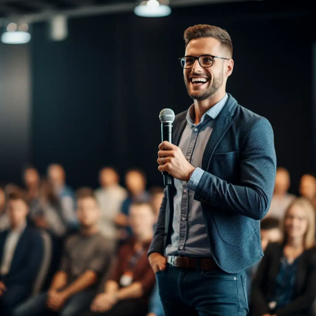 Bir eğitmen sahnenin ortasında durur ve mikrofonunu kullanarak izleyicilere bilgi dolu bir sunum yapar. Eğitmen, enerjisi ve bilgisiyle sahneye hakimdir. Sahnede ileri teknolojiyi kullanarak sunumunu görseller ve slaytlarla destekliyor. Konuşmacının yüzünde samimi bir gülümseme vardır ve gözlerinde bilgelik ifadesi parlar. Konuşmasının her anında dinleyicilerin ilgisini çekmek ve onları motive etmek için jest ve hareketlerden yararlanıyor. Mikrofonu ustalıkla kullanarak net ve etkileyici bir sesle konuşur ve her kelimenin dinleyicilerin kalbine ulaşmasını sağlar. Eğitmen, bilgi ve deneyimlerini paylaşırken konuşmasını etkileyici örnekler ve gerçek hayat senaryolarıyla zenginleştiriyor. Dinleyicilere pratik ipuçları, stratejiler ve derinlemesine analizler sunuyor. Soru sormak için mikrofonu kullanarak dinleyicilerin aktif katılımını teşvik eder ve interaktif bir deneyim yaratır. Ancak eğitmen sadece bilgi aktarmakla kalmıyor, aynı zamanda ilham verici bir kişilik olarak sahnede parlıyor. Konuşması boyunca dinleyicileri potansiyellerini keşfetmeye, kendilerine güvenmeye ve hedeflerine ulaşmaya teşvik eder. Mikrofonu elinde tutarak, her bir izleyicinin kendisini değerli ve desteklenmiş hissetmesini sağlar. Mikrofonun gücünü kullanan eğitmenin etkileyici sunumu, dinleyicileri bilgiye doyuran ve onları ilhamla dolduran bir deneyime dönüşüyor. Sahnedeki varlığı ve konuşmasının akıcılığı, dinleyicilerin eğitim sürecinde daha fazla şey öğrenmelerini ve kişisel gelişimlerini desteklemelerini sağlar.